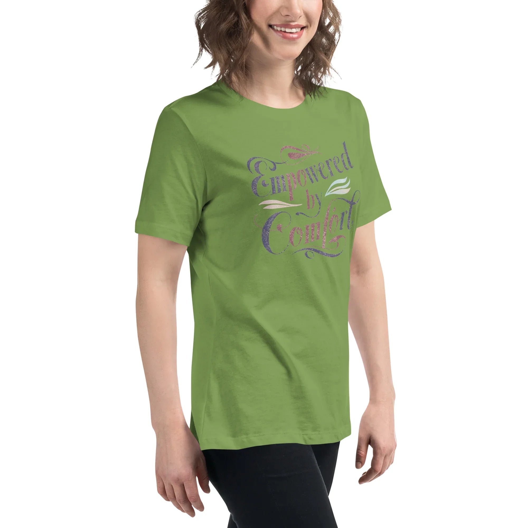 Women's Relaxed T-Shirt | Empowered By Comfort Women's t-shirt AwRans Clothing womens-relaxed-t-shirt-leaf-right-front-67a40e9d87307