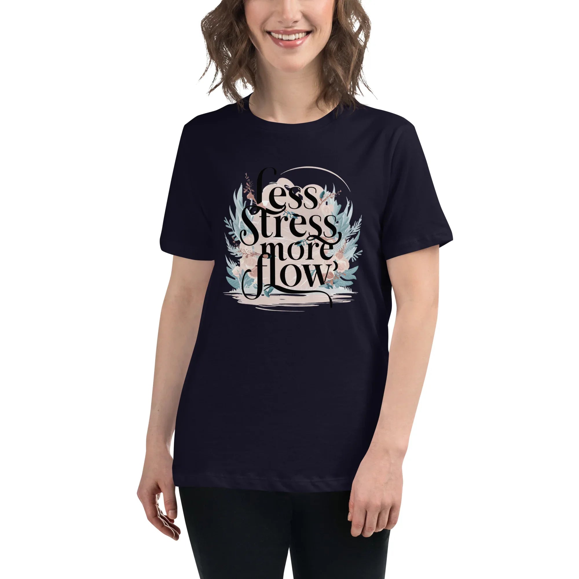Women's Relaxed T-Shirt | Less Stress More Flow Navy Women's t-shirt AwRans Clothing womens-relaxed-t-shirt-navy-front-67a40a8ad895e