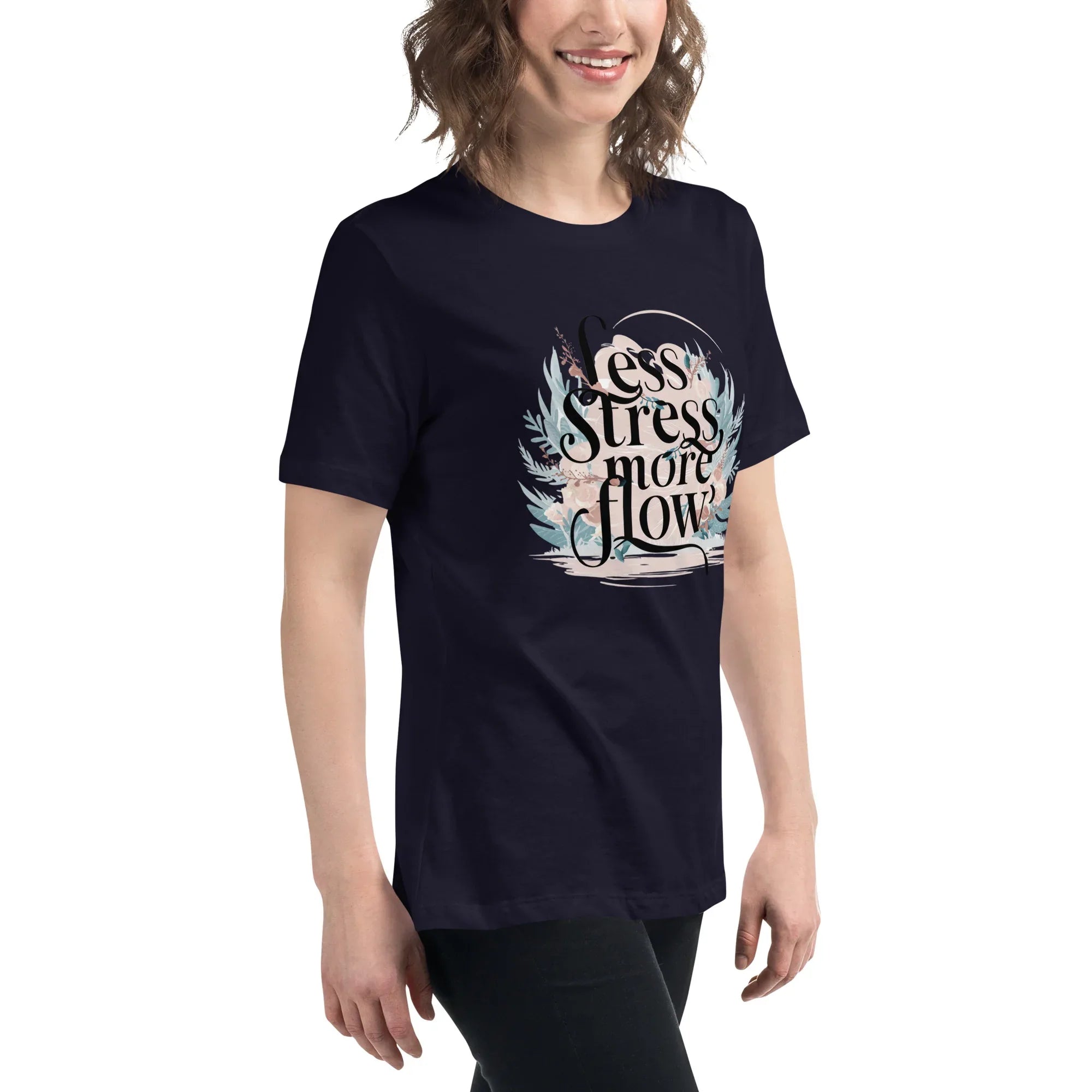 Women's Relaxed T-Shirt | Less Stress More Flow Women's t-shirt AwRans Clothing womens-relaxed-t-shirt-navy-right-front-67a40a8ad9829