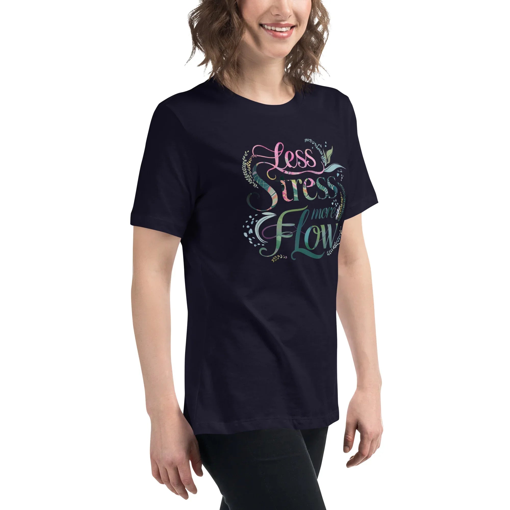 Women's Relaxed T-Shirt | Less Stress More Flow Women's t-shirt AwRans Clothing womens-relaxed-t-shirt-navy-right-front-67a40c20e74e6