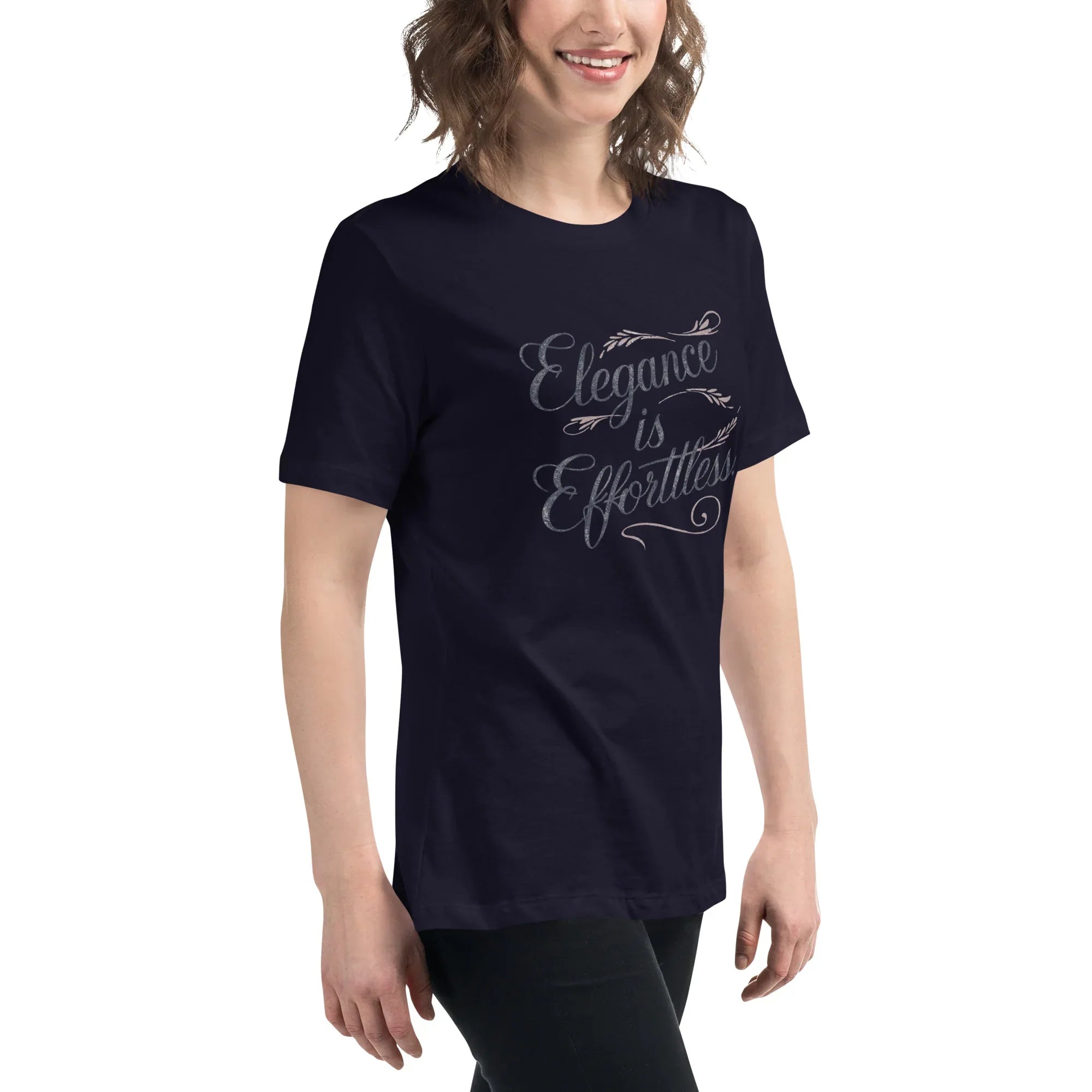 Women's Relaxed T-Shirt | Elegance Is Effortless Women's t-shirt AwRans Clothing womens-relaxed-t-shirt-navy-right-front-67a40dccf26c3