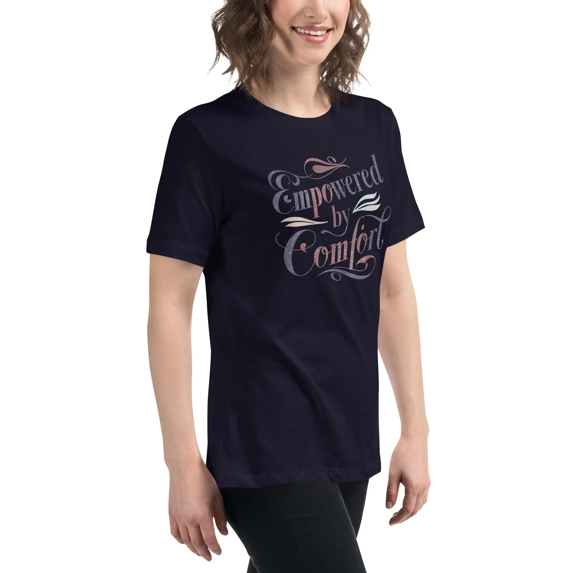 Women's Relaxed T-Shirt | Empowered By Comfort Women's t-shirt AwRans Clothing womens-relaxed-t-shirt-navy-right-front-67a40e9d6e0ea
