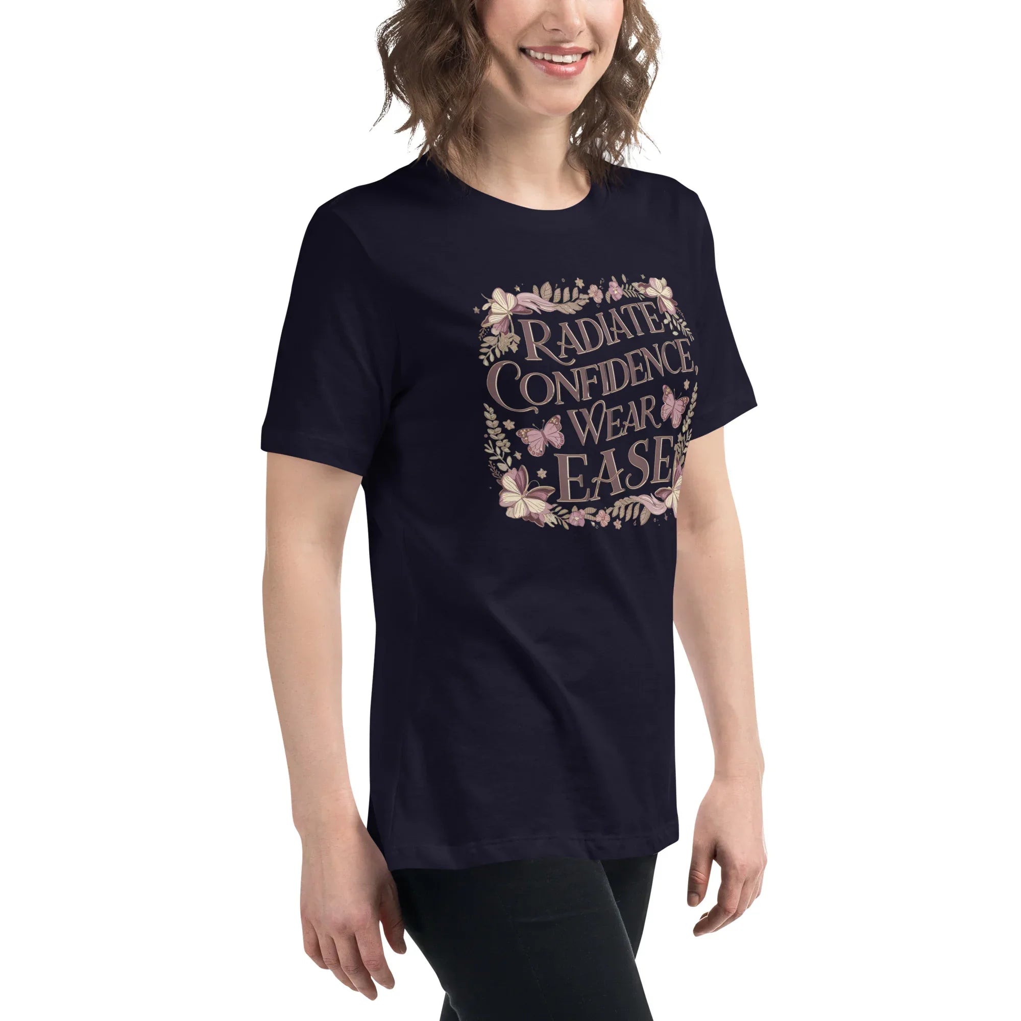 Women's Relaxed T-Shirt | Radiate Confidence Ease Women's t-shirt AwRans Clothing womens-relaxed-t-shirt-navy-right-front-67a40ed84ab1e