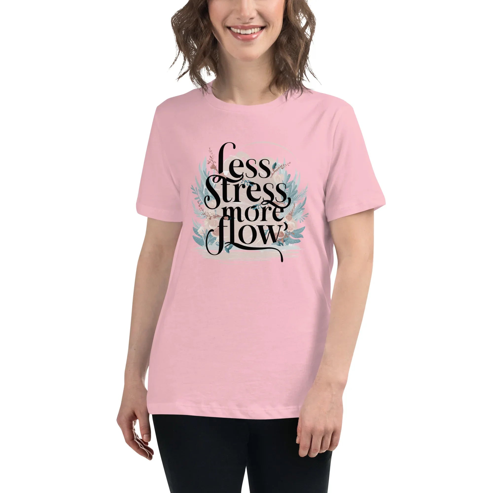 Women's Relaxed T-Shirt | Less Stress More Flow Pink Women's t-shirt AwRans Clothing womens-relaxed-t-shirt-pink-front-67a40a8b46d2e