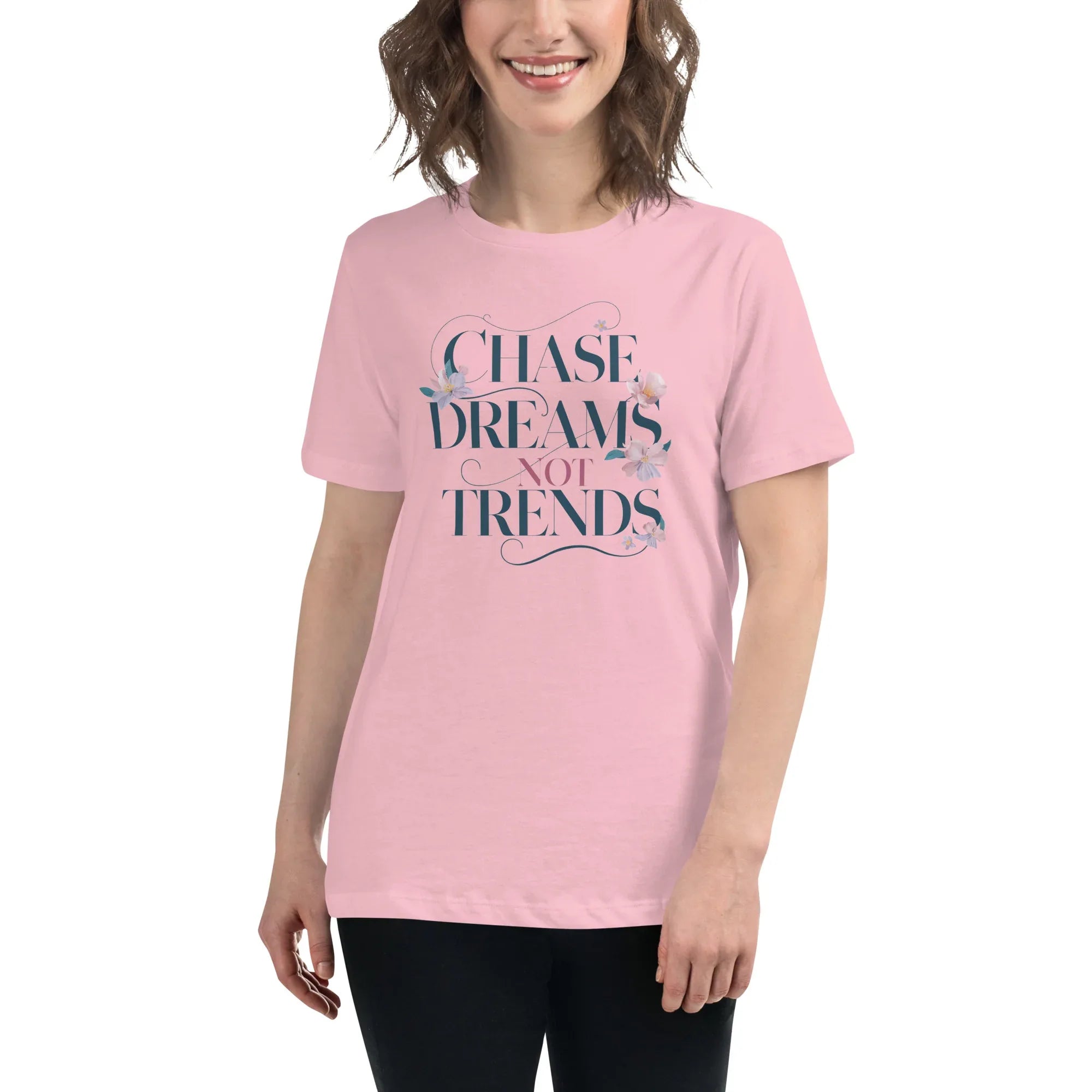 Women's Relaxed T-Shirt | Chase Dreams Not Trends Pink Women's t-shirt AwRans Clothing womens-relaxed-t-shirt-pink-front-67a40bf6125f8