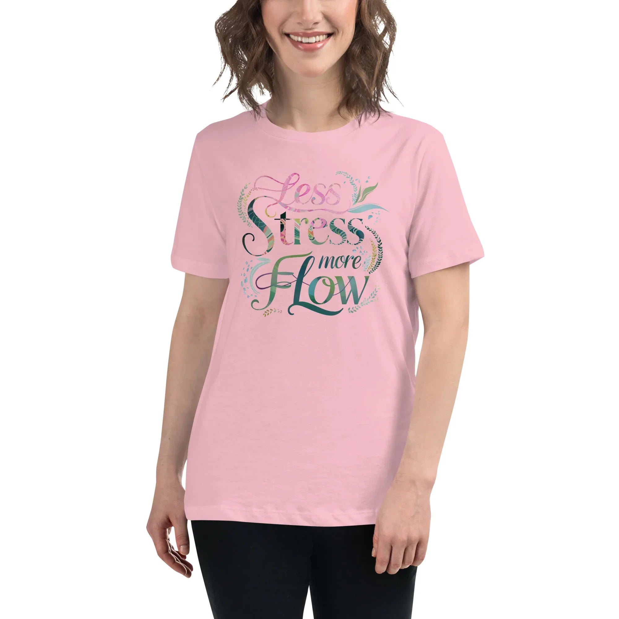 Women's Relaxed T-Shirt | Less Stress More Flow Pink Women's t-shirt AwRans Clothing womens-relaxed-t-shirt-pink-front-67a40c214b3f1