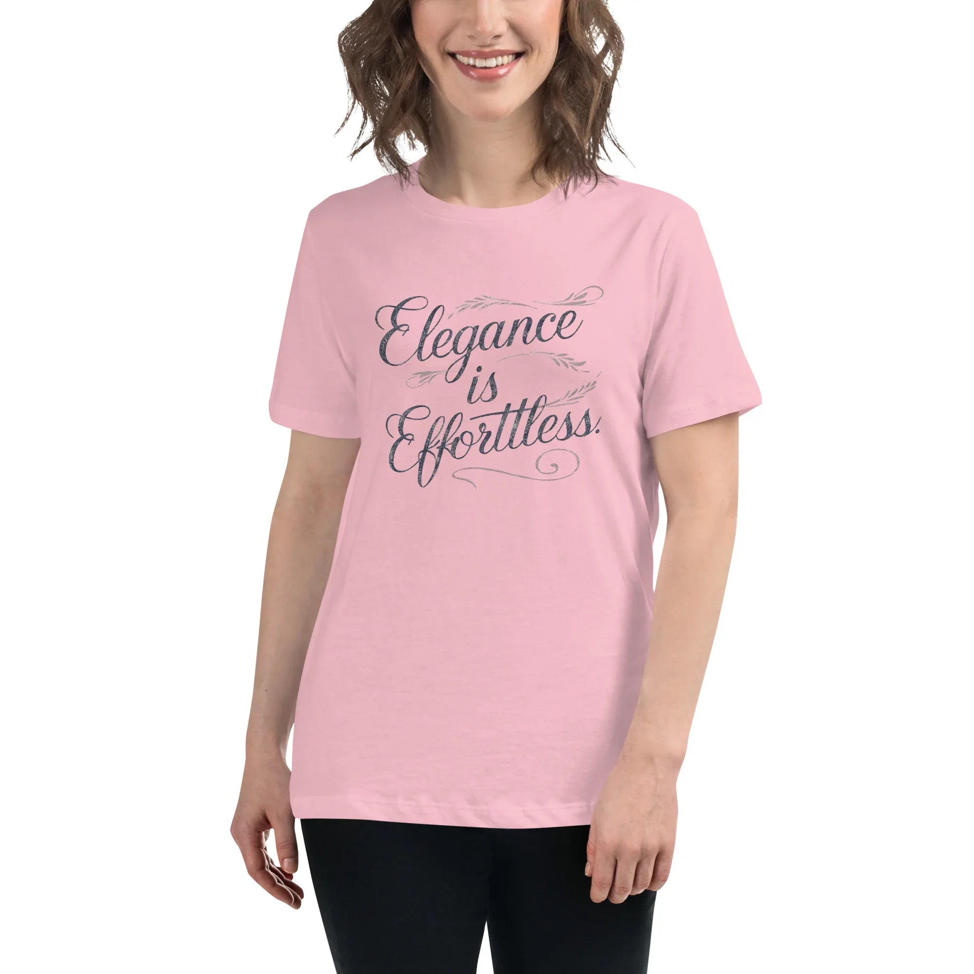 Women's Relaxed T-Shirt | Elegance Is Effortless Pink Women's t-shirt AwRans Clothing womens-relaxed-t-shirt-pink-front-67a40dcd61aad
