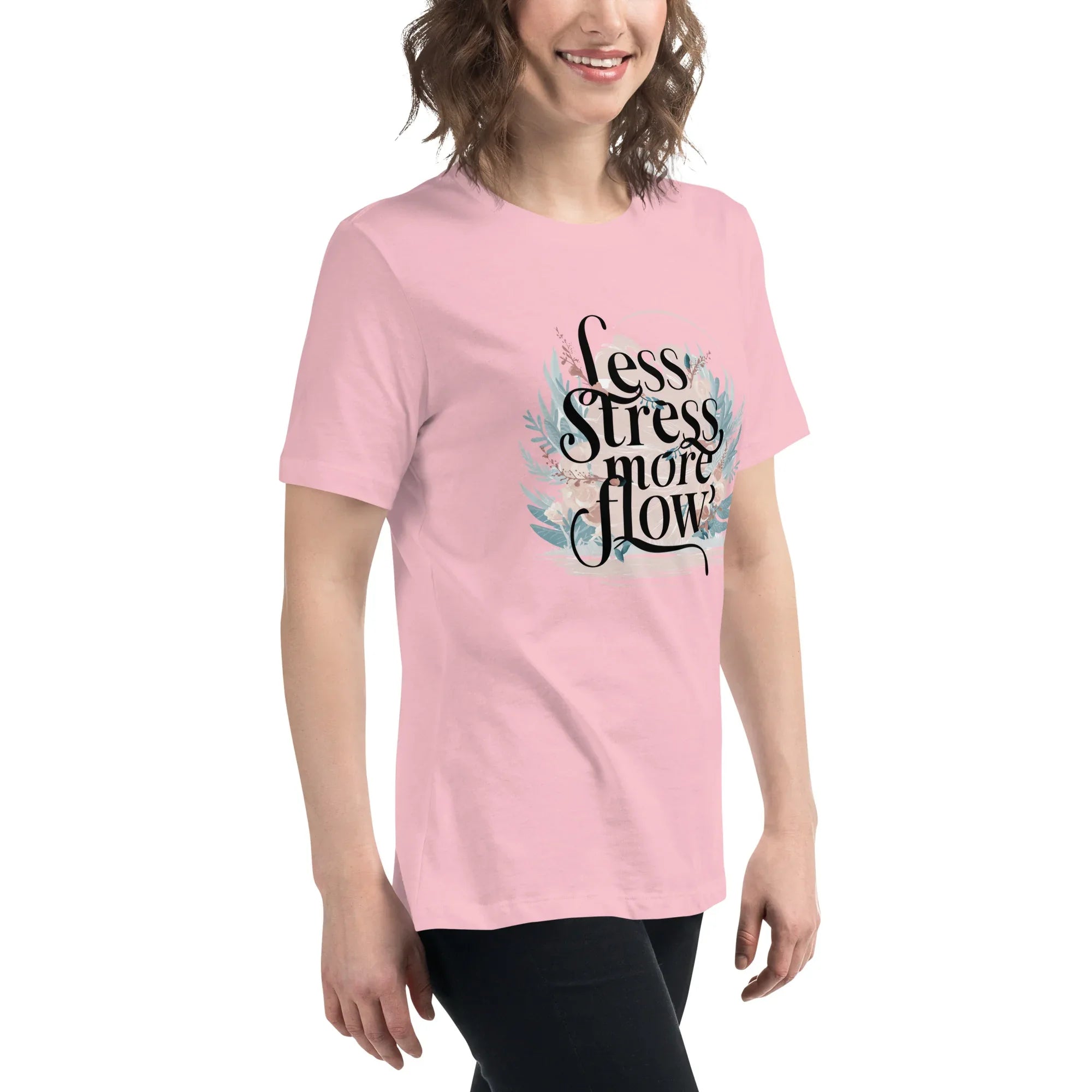 Women's Relaxed T-Shirt | Less Stress More Flow Women's t-shirt AwRans Clothing womens-relaxed-t-shirt-pink-right-front-67a40a8b4b059