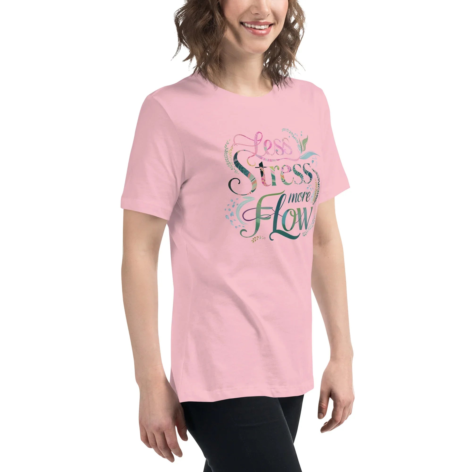 Women's Relaxed T-Shirt | Less Stress More Flow Women's t-shirt AwRans Clothing womens-relaxed-t-shirt-pink-right-front-67a40c215177e
