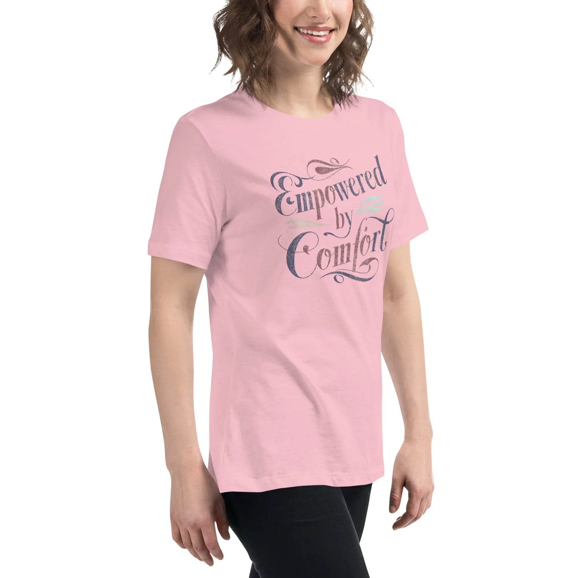 Women's Relaxed T-Shirt | Empowered By Comfort Women's t-shirt AwRans Clothing womens-relaxed-t-shirt-pink-right-front-67a40e9dc85b5