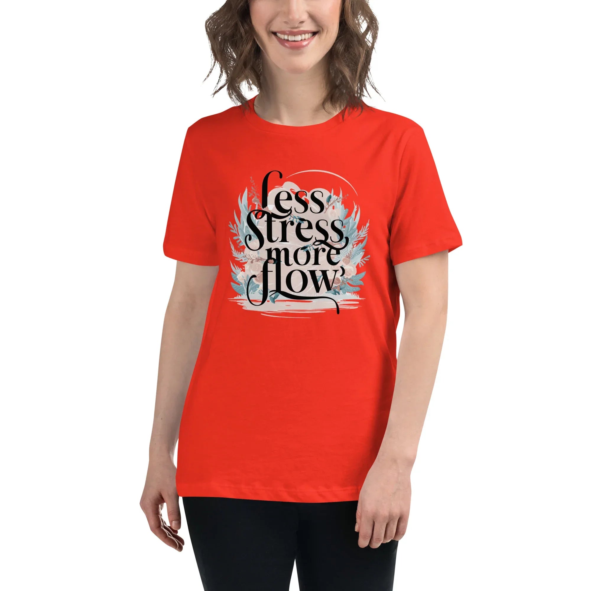Women's Relaxed T-Shirt | Less Stress More Flow Poppy Women's t-shirt AwRans Clothing womens-relaxed-t-shirt-poppy-front-67a40a8ae0207