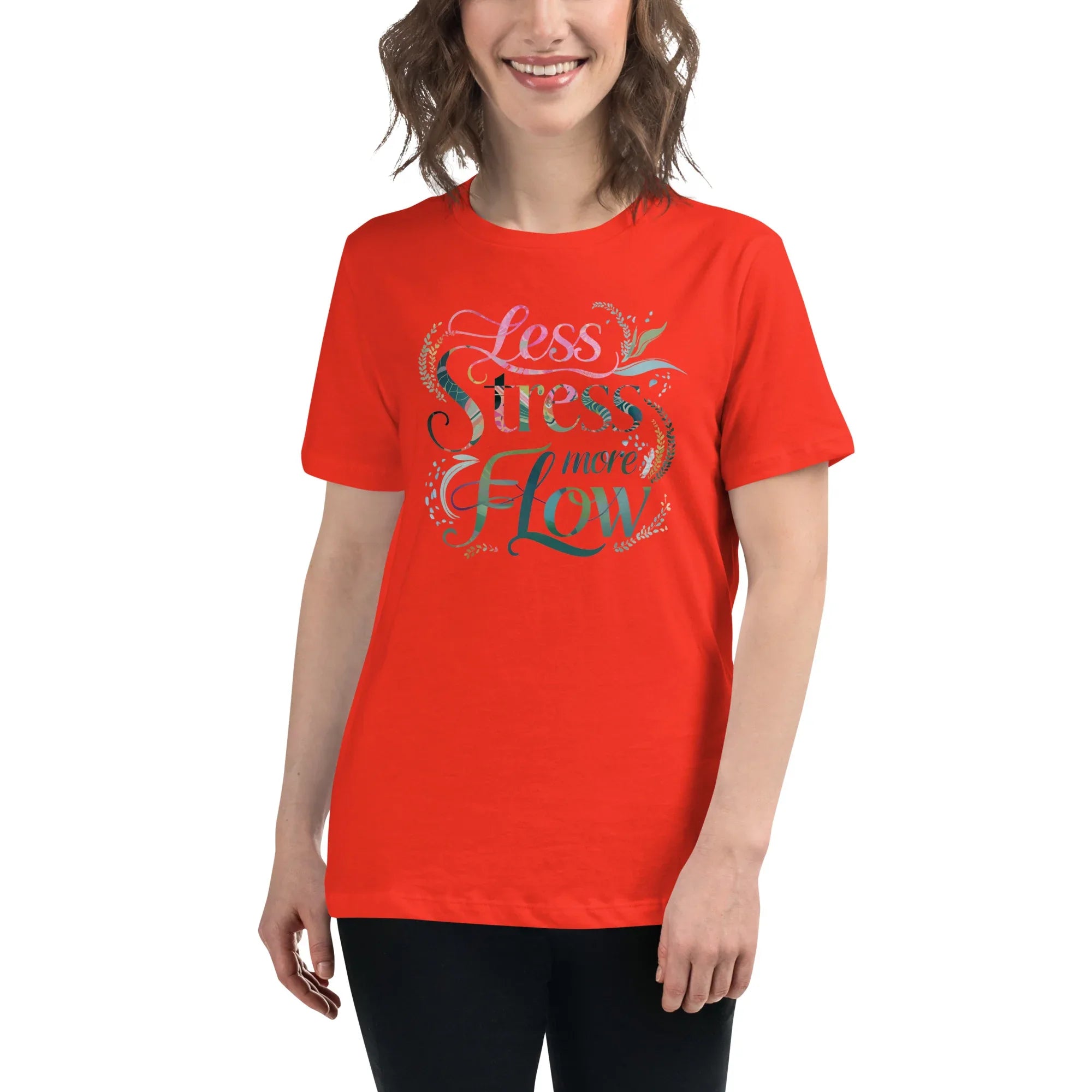 Women's Relaxed T-Shirt | Less Stress More Flow Poppy Women's t-shirt AwRans Clothing womens-relaxed-t-shirt-poppy-front-67a40c20edecb