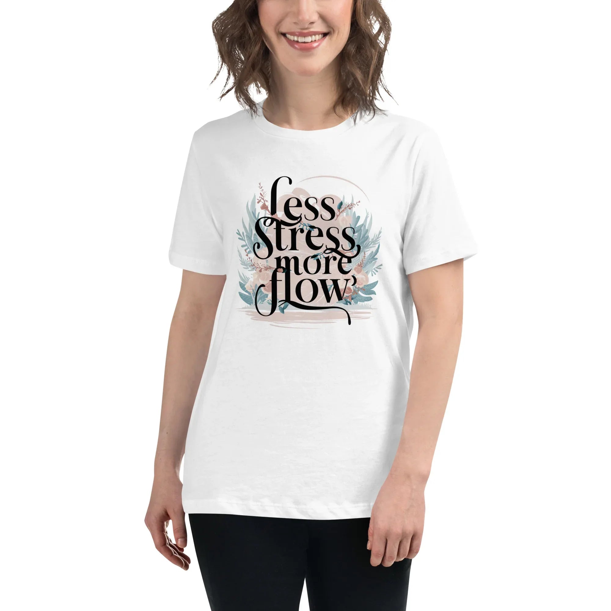 Women's Relaxed T-Shirt | Less Stress More Flow White Women's t-shirt AwRans Clothing womens-relaxed-t-shirt-white-front-67a40a8b710d9