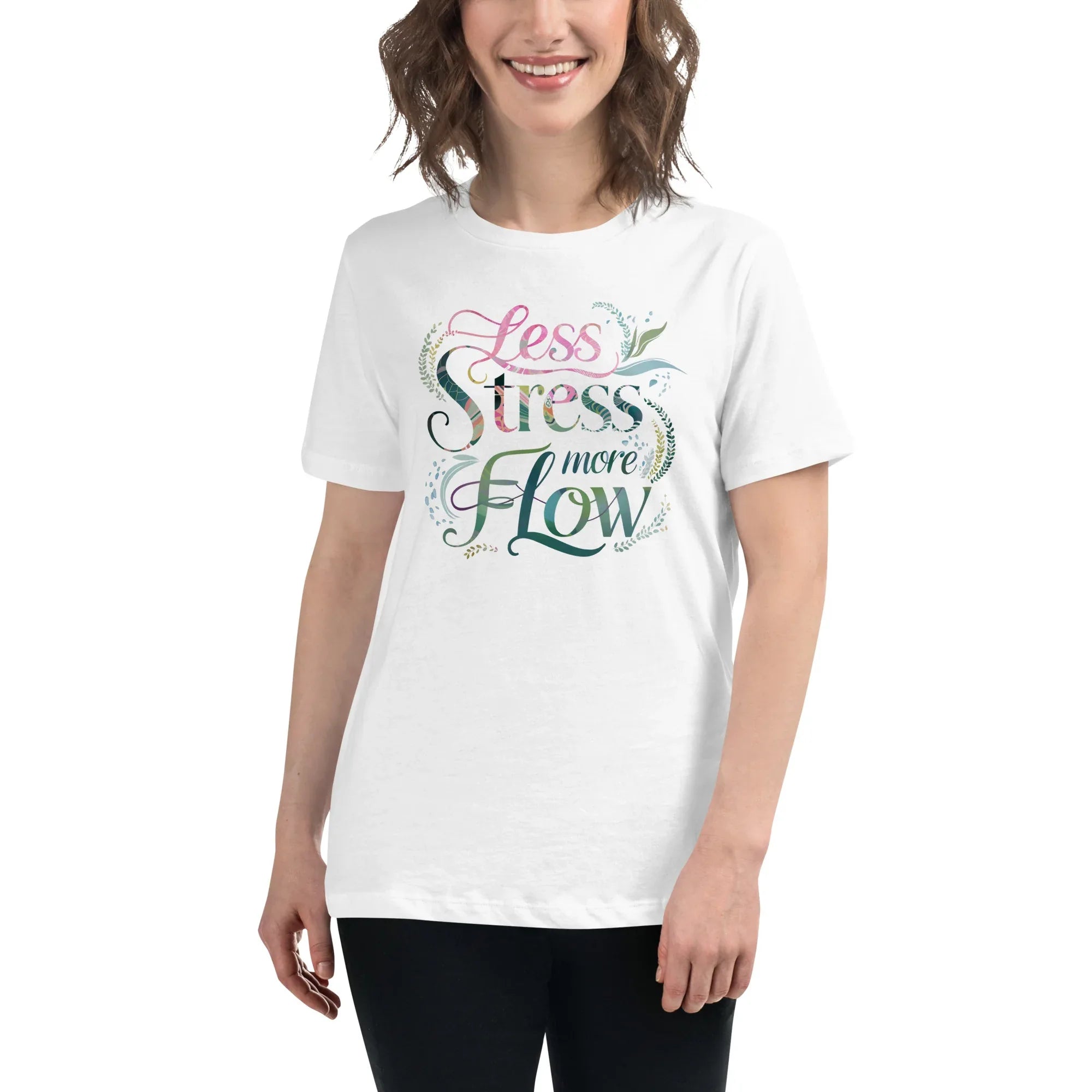 Women's Relaxed T-Shirt | Less Stress More Flow White Women's t-shirt AwRans Clothing womens-relaxed-t-shirt-white-front-67a40c217cbaa