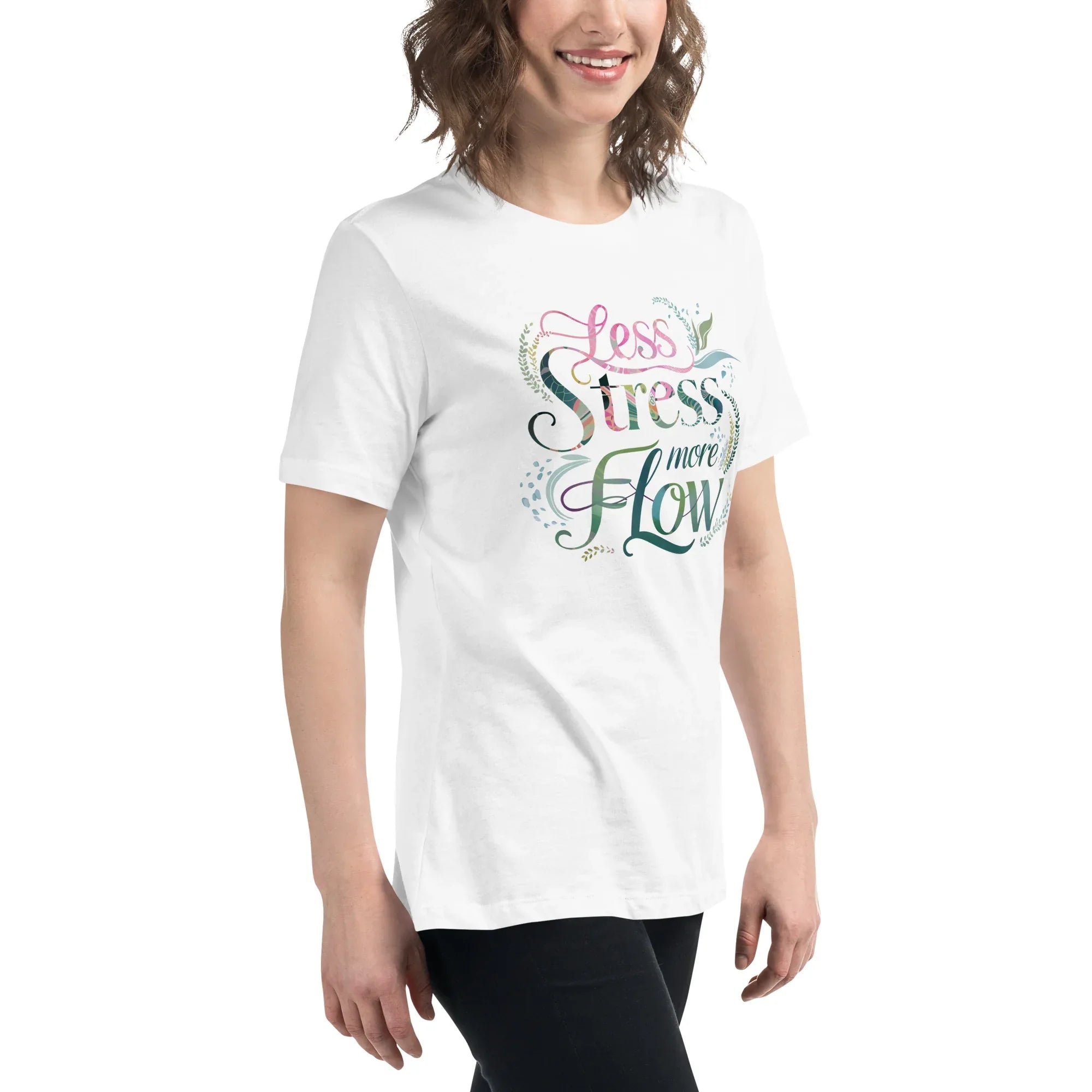 Women's Relaxed T-Shirt | Less Stress More Flow Women's t-shirt AwRans Clothing womens-relaxed-t-shirt-white-right-front-67a40c2182f7a