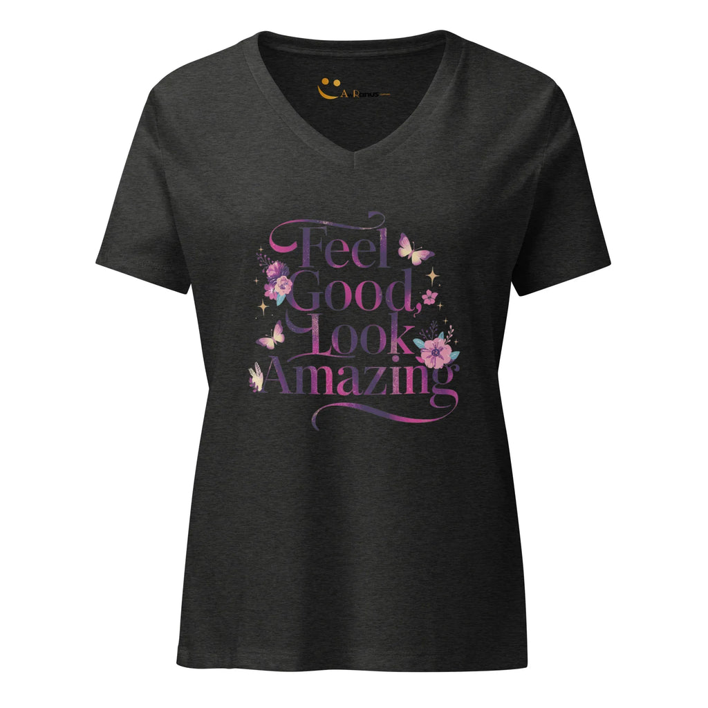 Women’s Relaxed V-Neck T-Shirt | Feel Good Look Amazing T-Shirts AwRans Clothing womens-relaxed-v-neck-t-shirt-dark-grey-heather-front-67a56d276f1f3