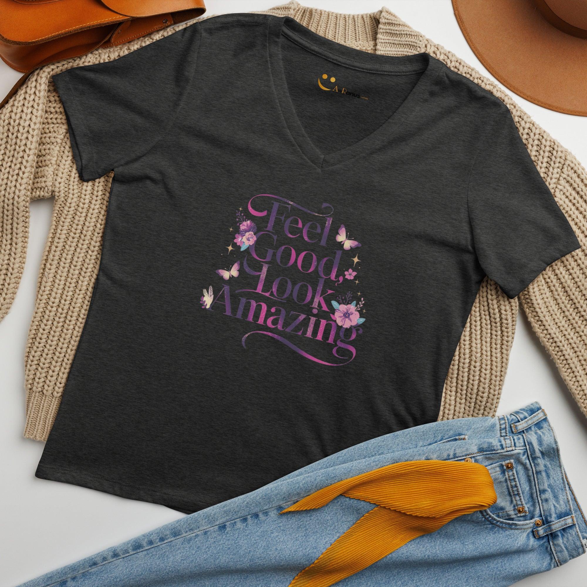 Women’s Relaxed V-Neck T-Shirt | Feel Good Look Amazing T-Shirts AwRans Clothing womens-relaxed-v-neck-t-shirt-dark-grey-heather-front-67a56d276f947