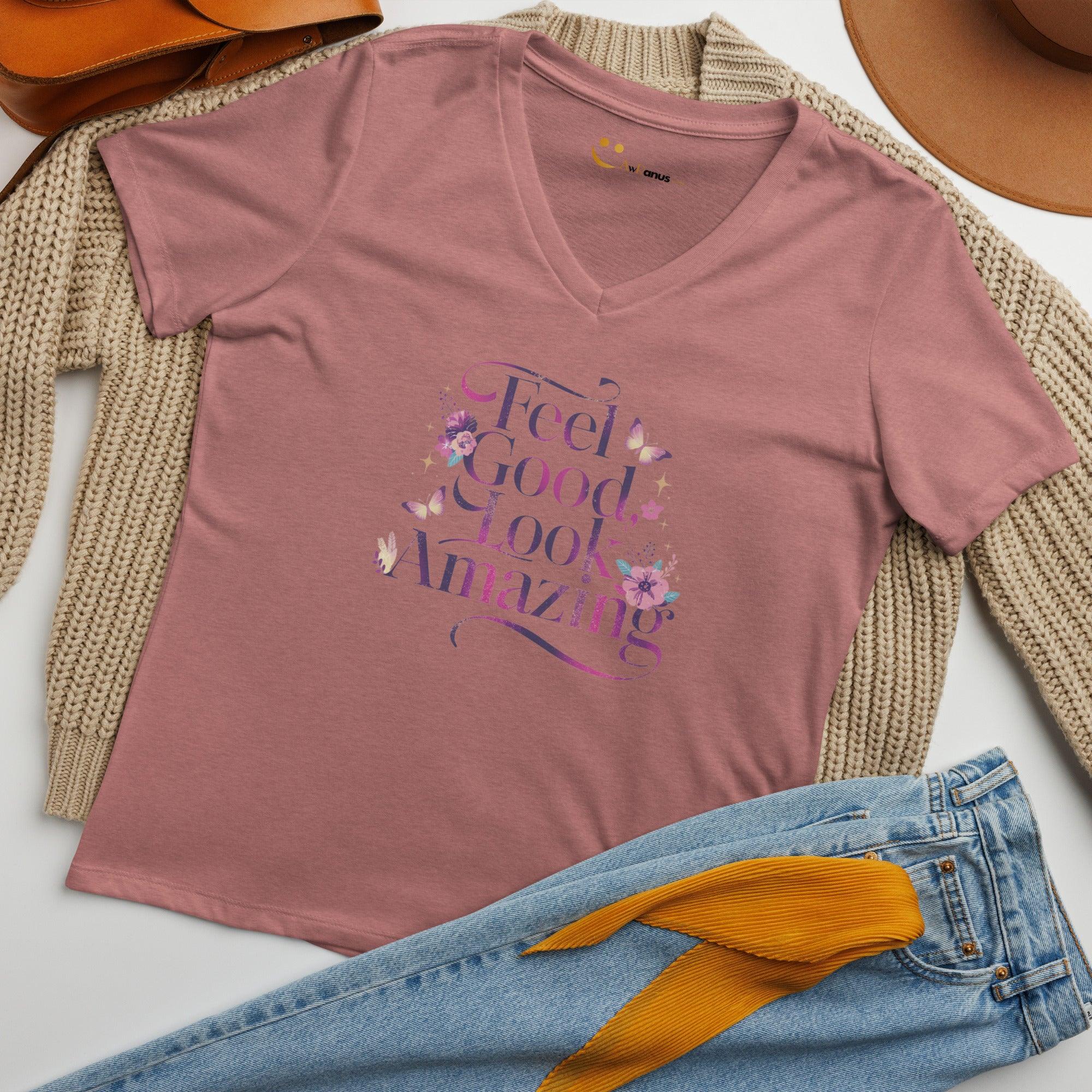 Women’s Relaxed V-Neck T-Shirt | Feel Good Look Amazing T-Shirts AwRans Clothing womens-relaxed-v-neck-t-shirt-heather-mauve-front-67a56d277118d