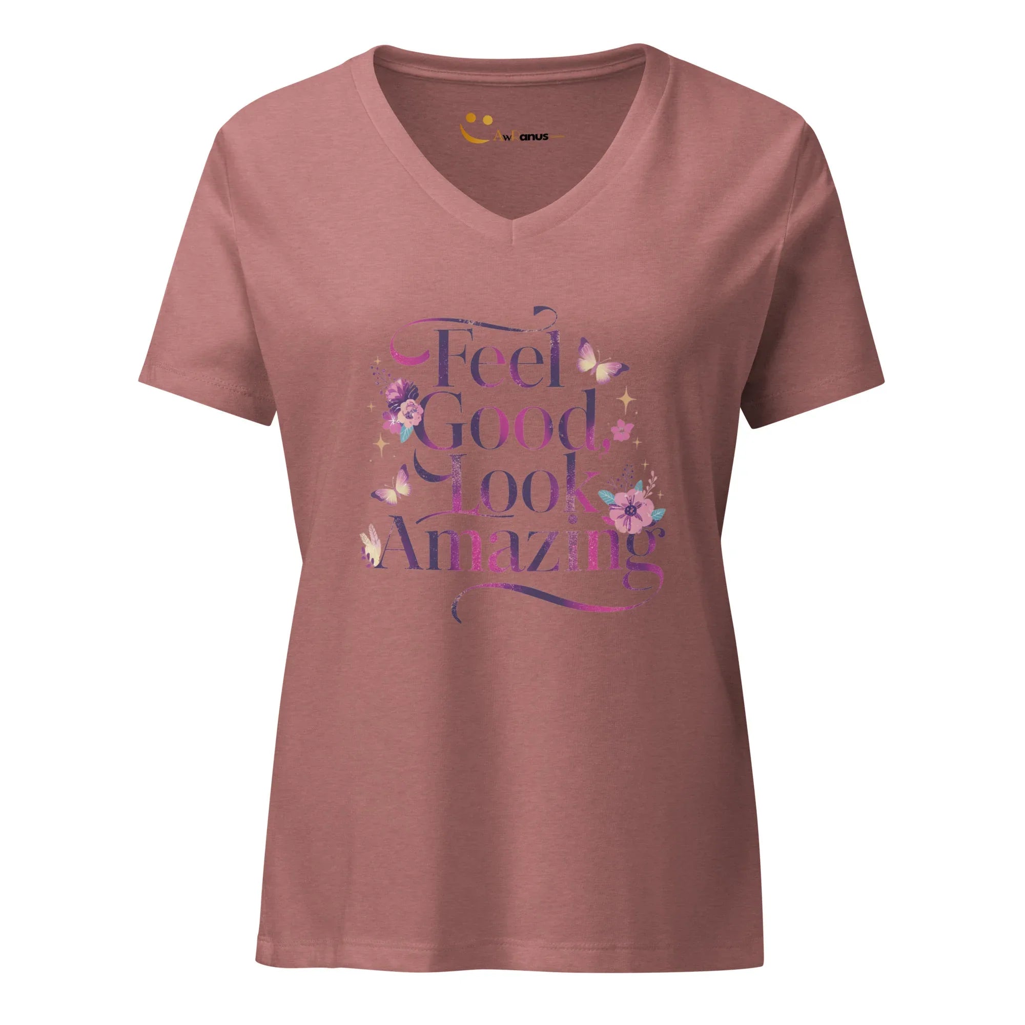 Women’s Relaxed V-Neck T-Shirt | Feel Good Look Amazing T-Shirts AwRans Clothing womens-relaxed-v-neck-t-shirt-heather-mauve-front-67a56d2771bfb