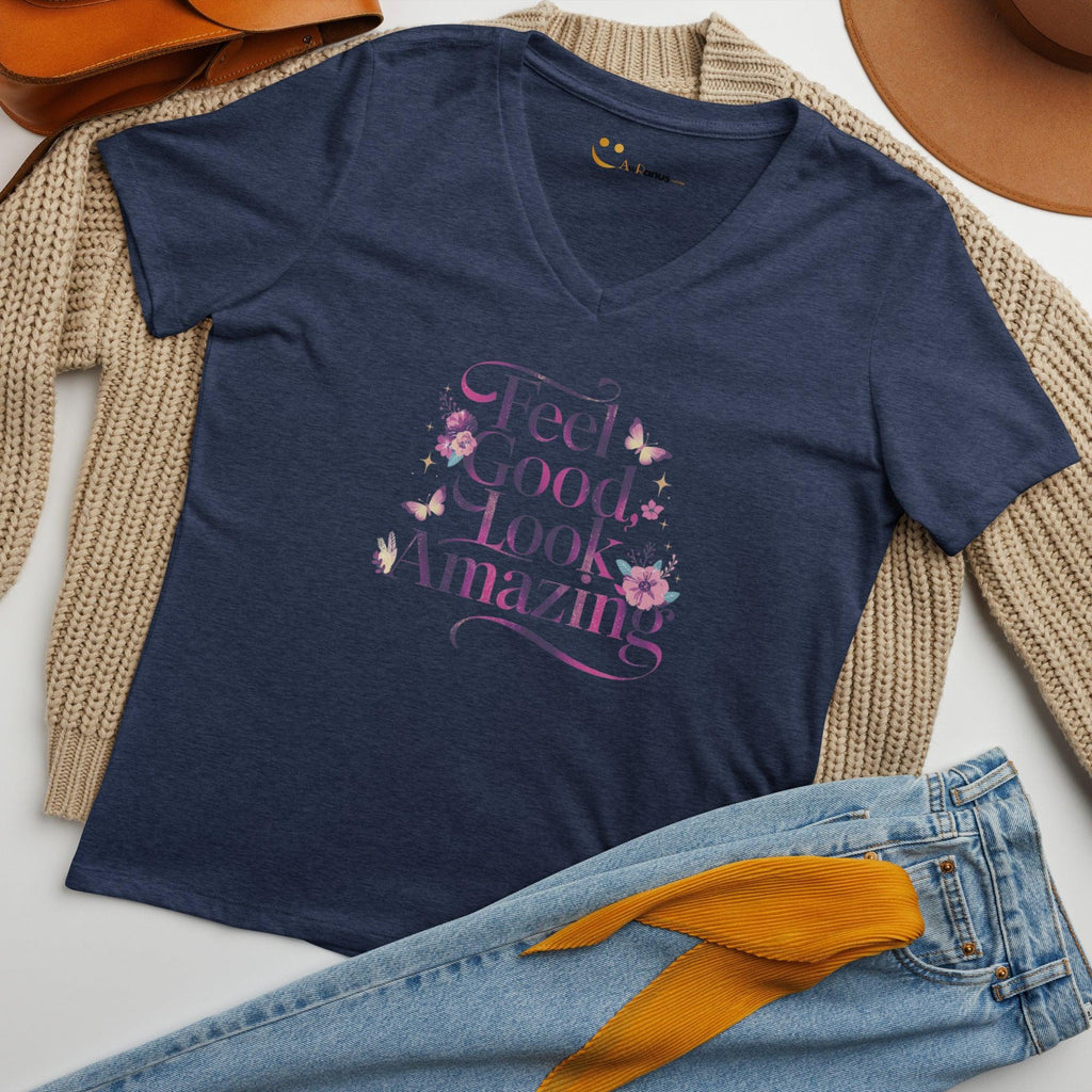 Women’s Relaxed V-Neck T-Shirt | Feel Good Look Amazing T-Shirts AwRans Clothing womens-relaxed-v-neck-t-shirt-heather-navy-front-67a56d276ec23