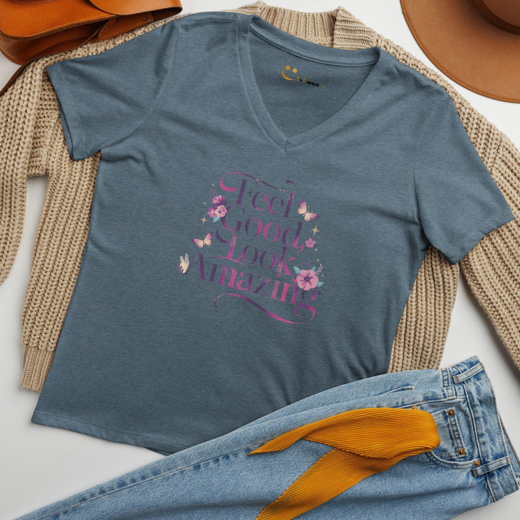 Women’s Relaxed V-Neck T-Shirt | Feel Good Look Amazing T-Shirts AwRans Clothing womens-relaxed-v-neck-t-shirt-heather-slate-front-67a56d2770093