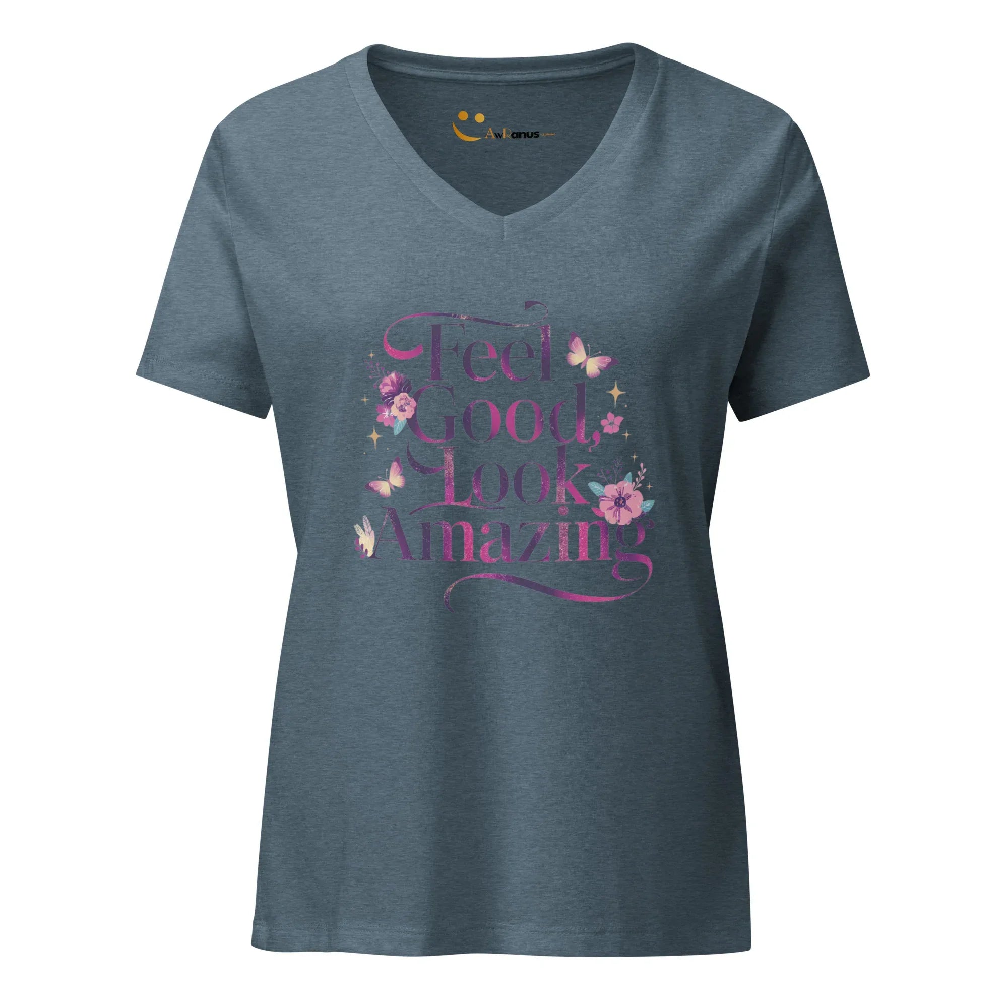 Women’s Relaxed V-Neck T-Shirt | Feel Good Look Amazing T-Shirts AwRans Clothing womens-relaxed-v-neck-t-shirt-heather-slate-front-67a56d2770917