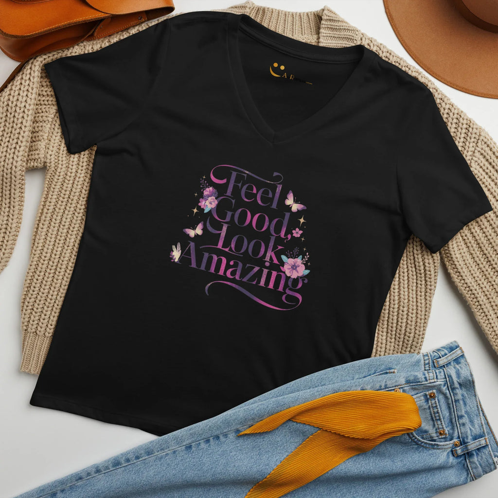 Women’s Relaxed V-Neck T-Shirt | Feel Good Look Amazing T-Shirts AwRans Clothing womens-relaxed-v-neck-t-shirt-solid-black-blend-front-67a56d276dd2d
