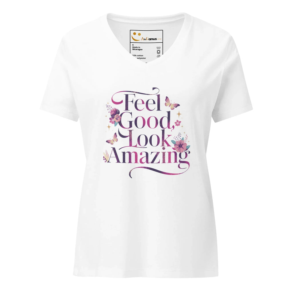 Women’s Relaxed V-Neck T-Shirt | Feel Good Look Amazing T-Shirts AwRans Clothing womens-relaxed-v-neck-t-shirt-solid-white-blend-front-67a56d2772617