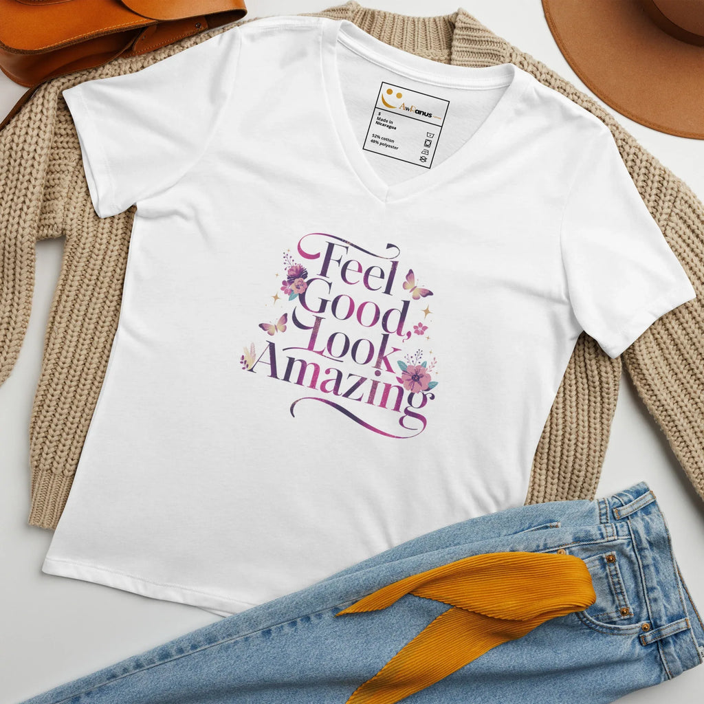Women’s Relaxed V-Neck T-Shirt | Feel Good Look Amazing T-Shirts AwRans Clothing womens-relaxed-v-neck-t-shirt-solid-white-blend-front-67a56d277322a